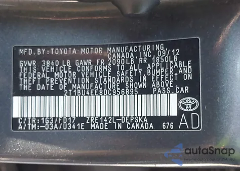 2013 Toyota Corolla S из США, поврежденный, VIN 2T1BU4EE8DC956895